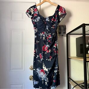 NWT STOP STARING! black floral stretch short sleeve mod pinup bodycon midi dress